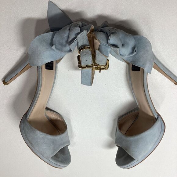 ISLO Isabella Lorusso Back Bow Open Toe Light Blue Suede Heels Size EU 37 - Picture 7 of 16
